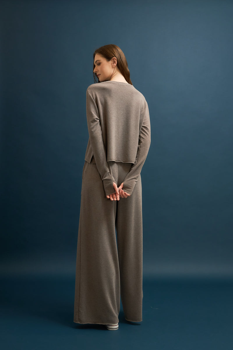 Boxy crop sweatshirt in soft taupe French terry, featuring long sleeves and a relaxed fit, ideal for cozy Long Island boutique fashion.