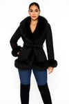 Chic black fur trimmed coat featuring a belted waist and soft, luxurious fabric, perfect for Long Island boutique fashion.