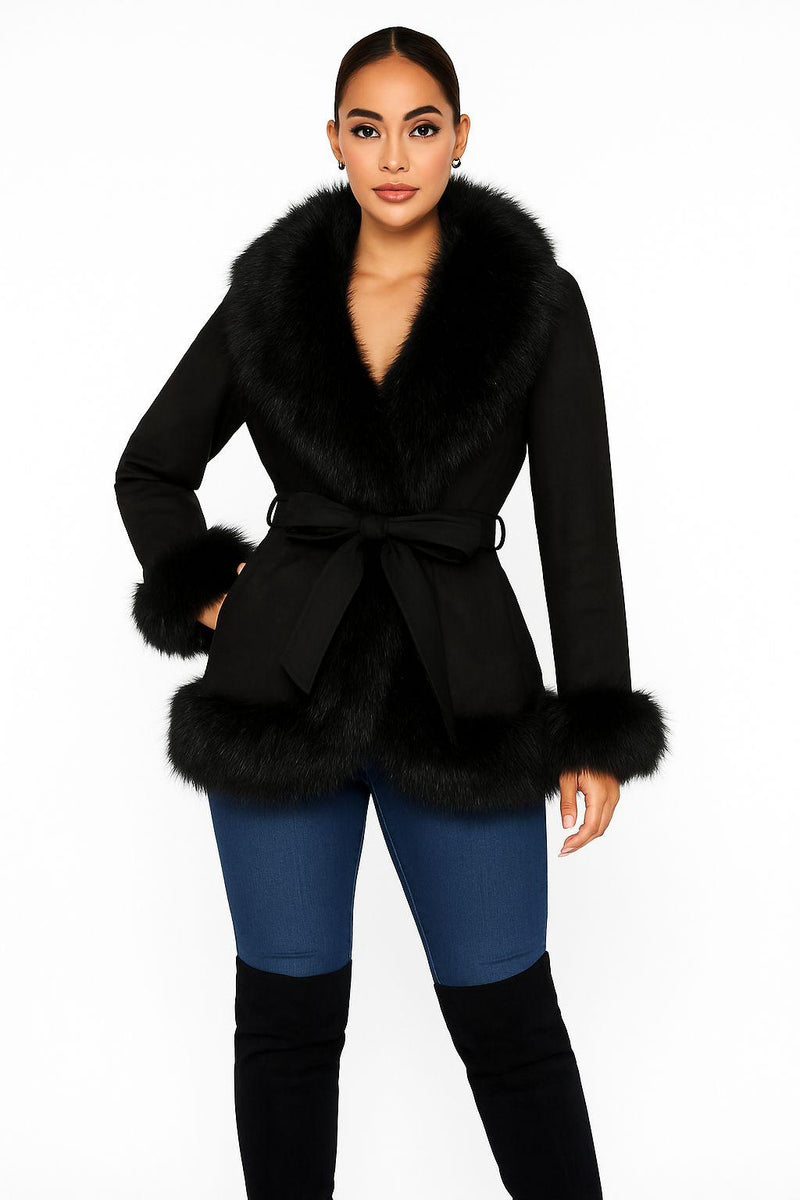 Chic black fur trimmed coat featuring a belted waist and soft, luxurious fabric, perfect for Long Island boutique fashion.