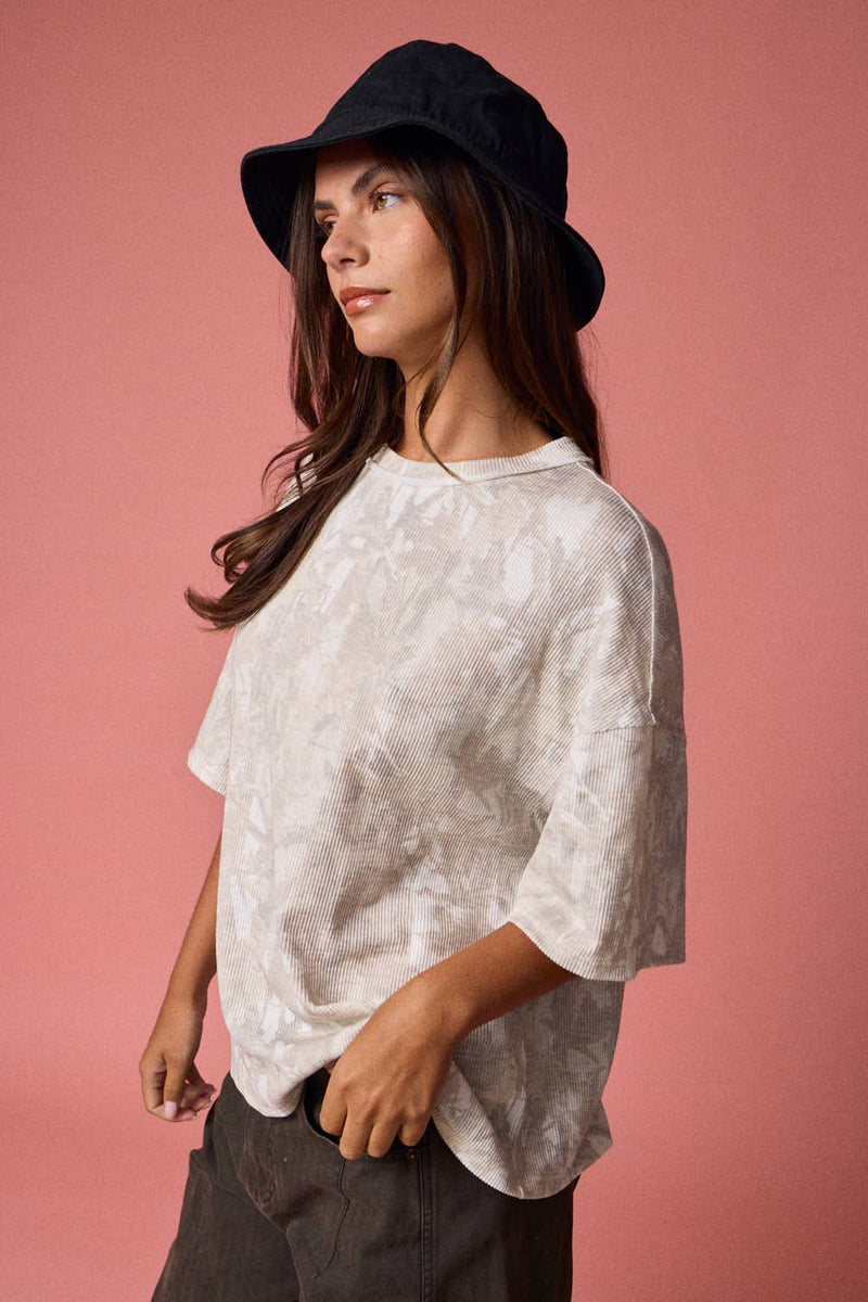 Loose fit camo ribbed shirt in soft cream tones, featuring short sleeves and a relaxed silhouette, perfect for Long Island boutique fashion.