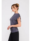 Soft grey modal knit asymmetric ruched tie top – trendy women’s blouse from TandyWear , side view 