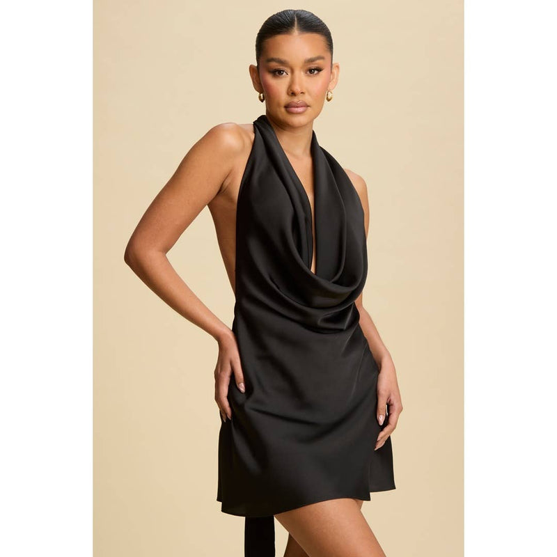 Sleek black satin cowl mini dress featuring a plunging neckline and a flowy fit, ideal for chic evenings in Long Island boutique fashion.