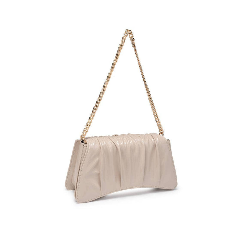 Beige quilted Erie shoulder bag featuring a decorative gold chain strap, embodying chic style perfect for Long Island boutique fashion.