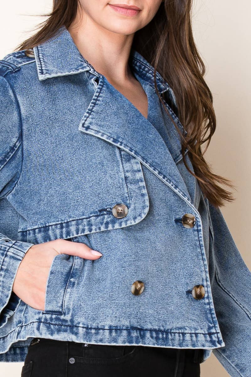 Washed Denim Cropped Trench Jacket