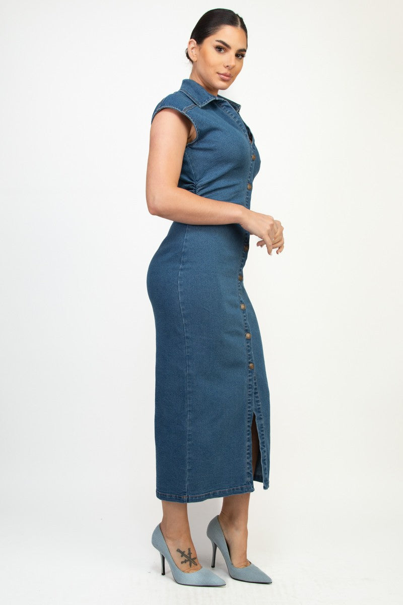 Collared Buttoned Side Ruched Denim Dress