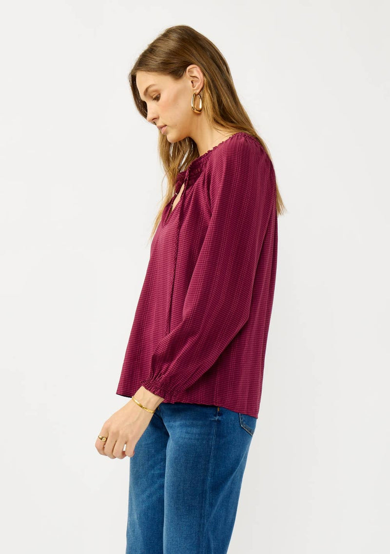 Long Sleeve Smocked Neck Blouse with Spaghetti Tie