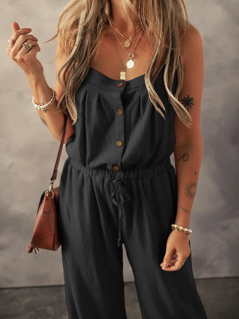 Knotted Straps Button Textured Drawstring Jumpsuit