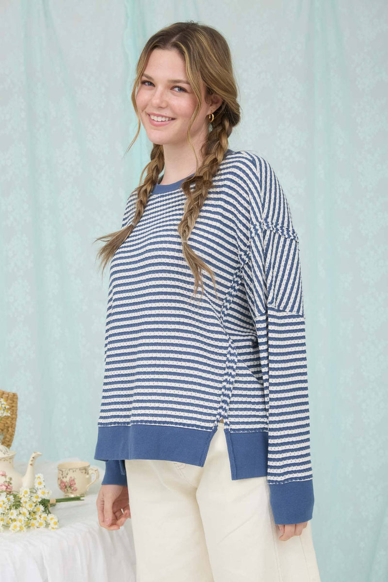 Stripe Exposed Seam Split Hem Long Sleeve Top