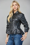 Flaunt a chic silhouette with this black 3/4 sleeve faux leather peplum jacket, perfect for stylish layering in Long Island boutique fashion.