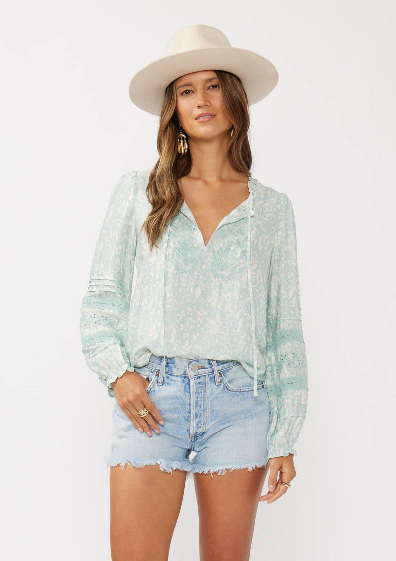 Floral Embroidered Lace-Trim Split Neck Blouse