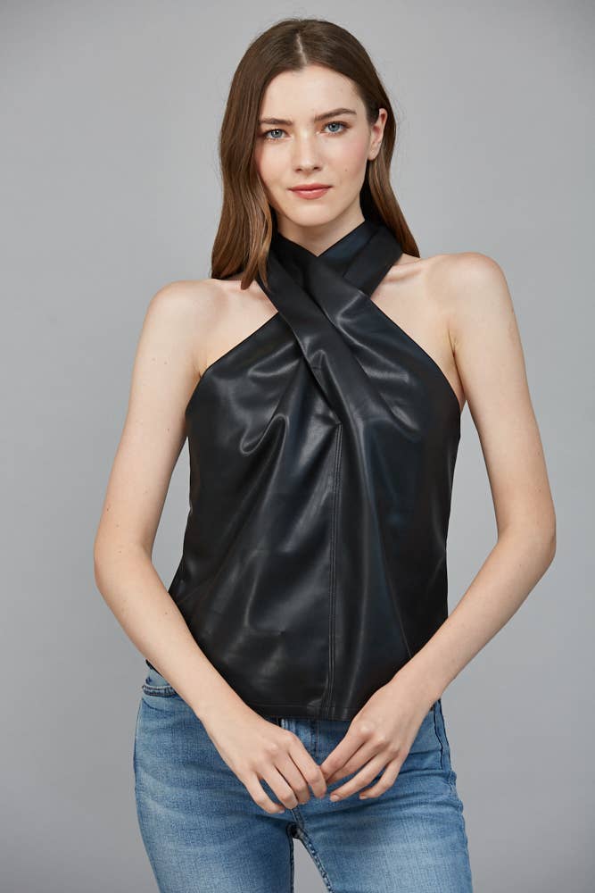 Sleek black faux leather sleeveless top with a crisscross design, perfect for a chic look in Long Island boutique fashion.