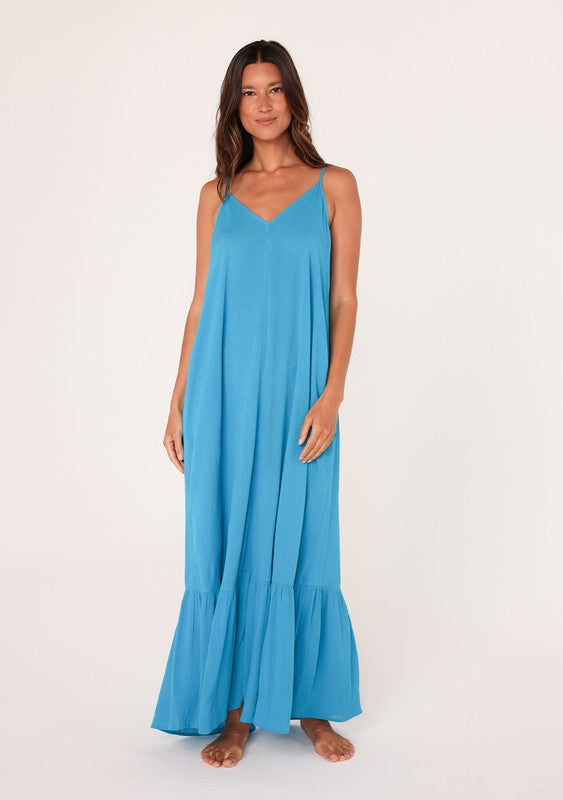 Rayon Gauze Sleeveless V-Neck Maxi Dress - Turquoise