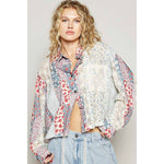 Cropped Printed Woven Crochet Button Down Shirt