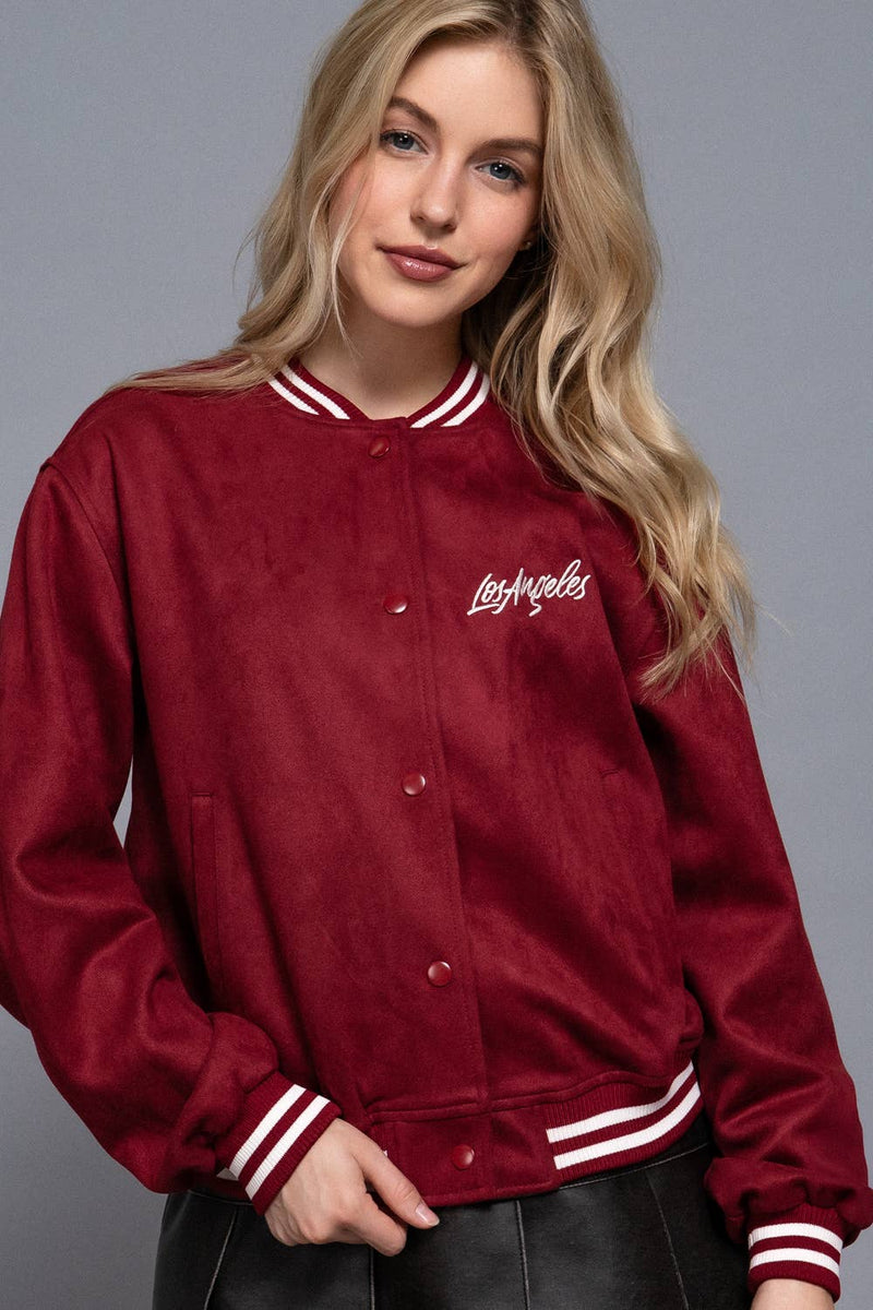 Long Sleeve Embroidery Detail Faux Suede Varsity Jacket