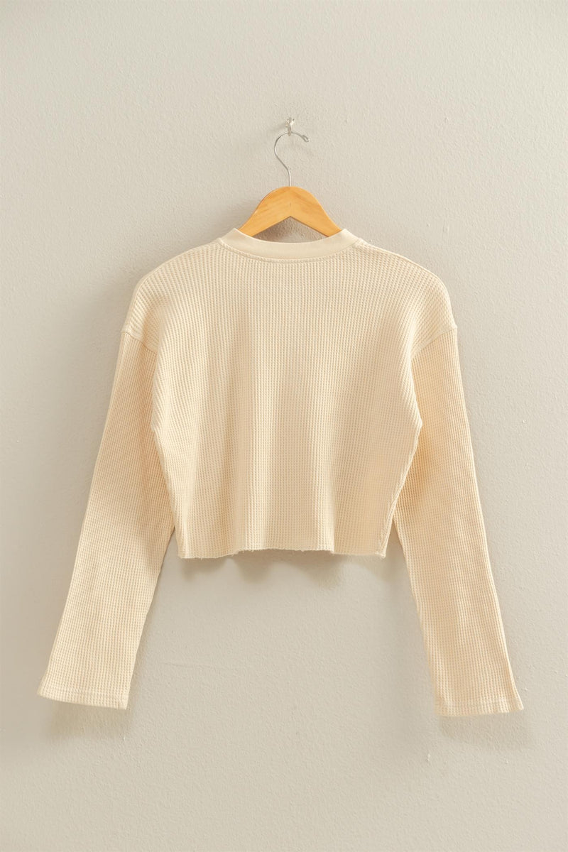 Waffle Long Sleeve Buttoned Crop Top