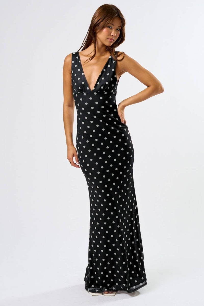 polka dot dress mesh Mesh Polka Dot Maxi Dress Brown/White / Large
