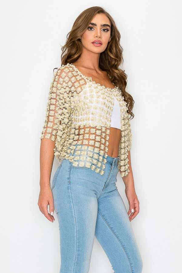 Lace crochet cardigan in cream with bead detailing, perfect for layering, ideal for casual outings in Long Island boutique fashion.