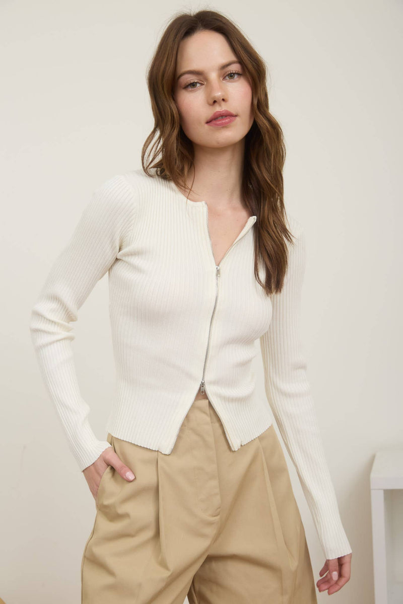 Two-Way Zipper Long Sleeve Sweater Knit Cardigan