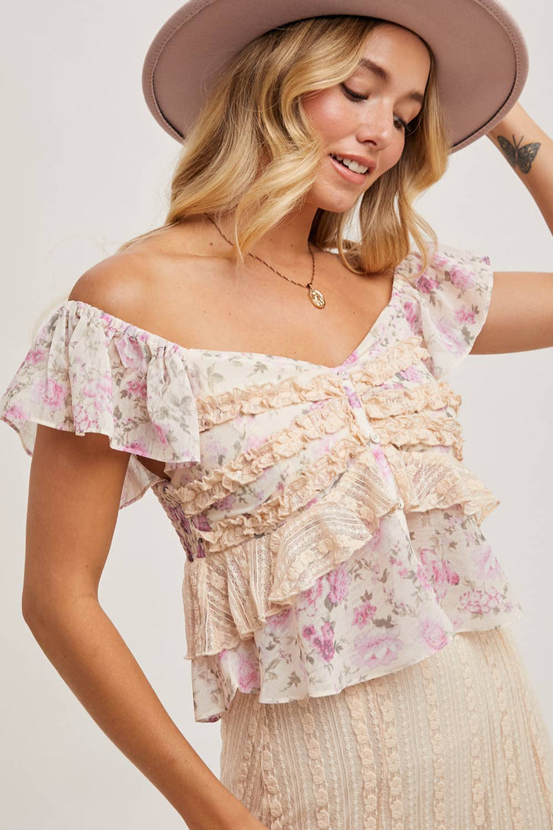 Floral Print Ruffle Lace Trimmed Sweetheart Neck Top