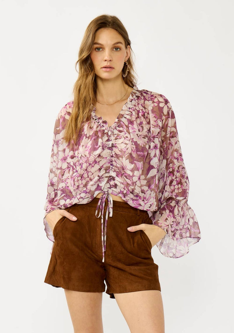 Ruched V-Neck Billowy Blouse