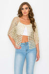 Delicate bead-point crochet cardigan in soft beige, featuring an open-front design and stylish three-quarter sleeves, perfect for Long Island boutique fashion.