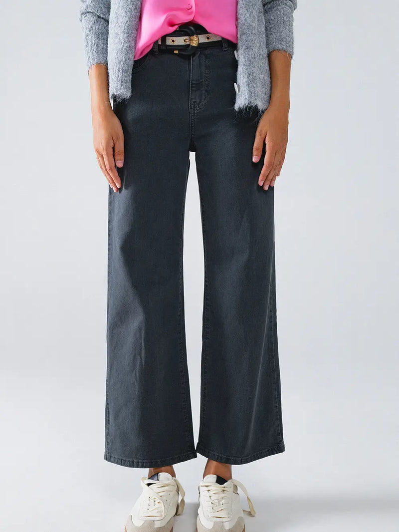 Model wearing gray Cropped Wide Leg Jeans made from stretch denim — relaxed cropped fit available at TandyWear Boutique in Commack, NY. front view