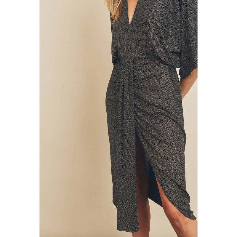 Metallic V-Neck Ruched Midi Dress