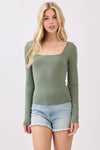 Long sleeve double layer top in soft olive green with a square neckline, perfect for casual styling in Long Island boutique fashion.