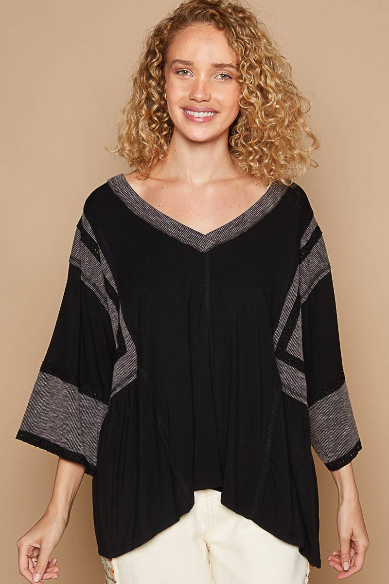 Oversize V-Neck Long Sleeve Lace Trim Knit Top