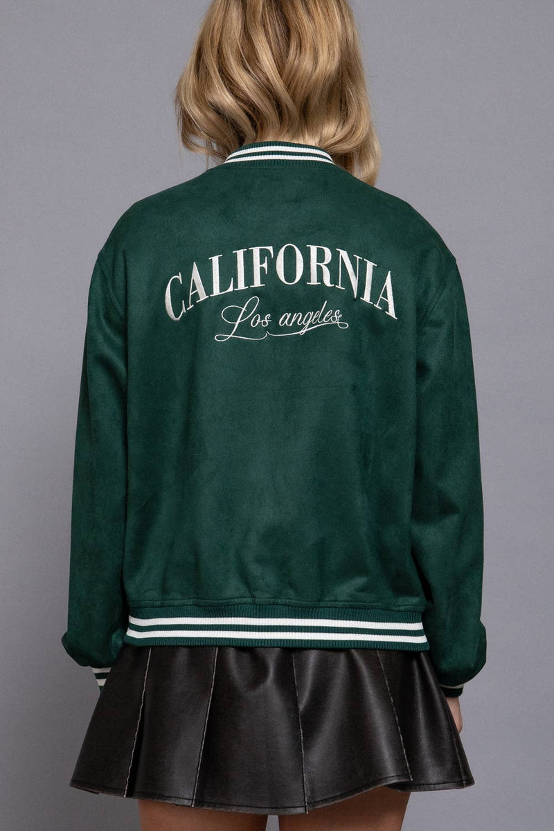Long Sleeve Embroidery Detail Faux Suede Varsity Jacket