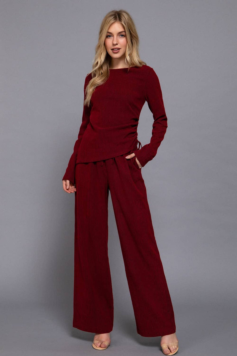 Long Sleeve Round Neck Side Ruched Two Tone Texture Knit Top