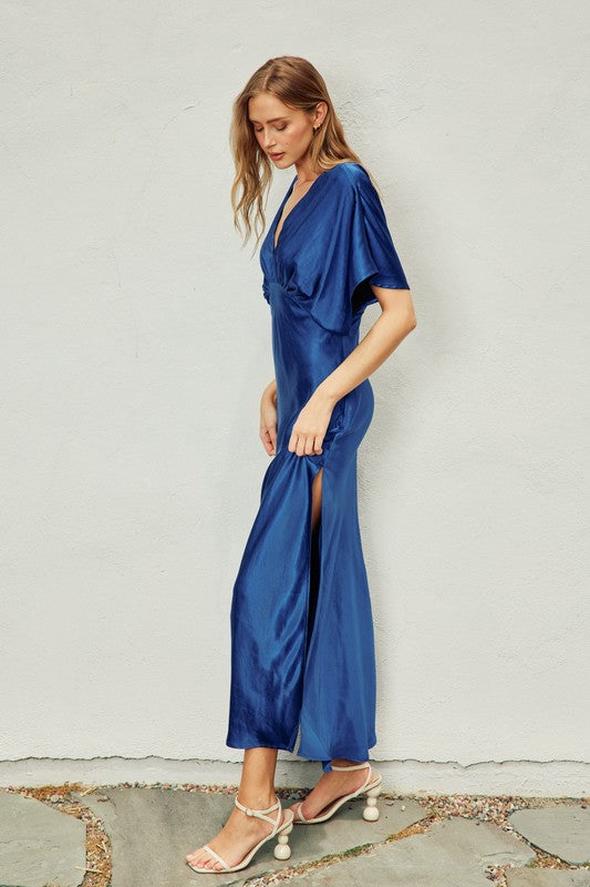 Satin Blouson Maxi Dress - Navy Peony