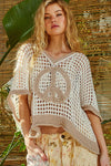 Oversize V-Neck Short Sleeve Peace Sign Sweater