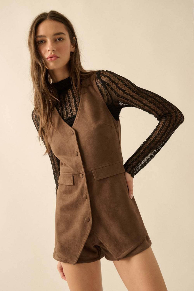 Sleeveless faux suede vest romper in rich brown with snap-front closure and tailored pockets, perfect for a chic look in Long Island boutique fashion.