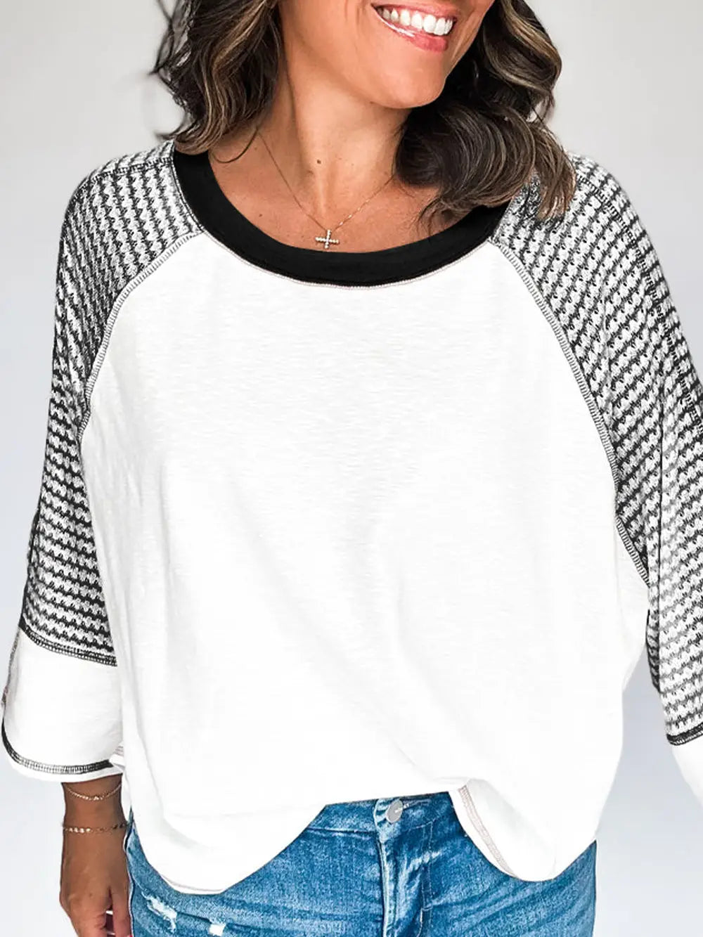 Striped Bracelet Sleeve Raglan Patchwork Top