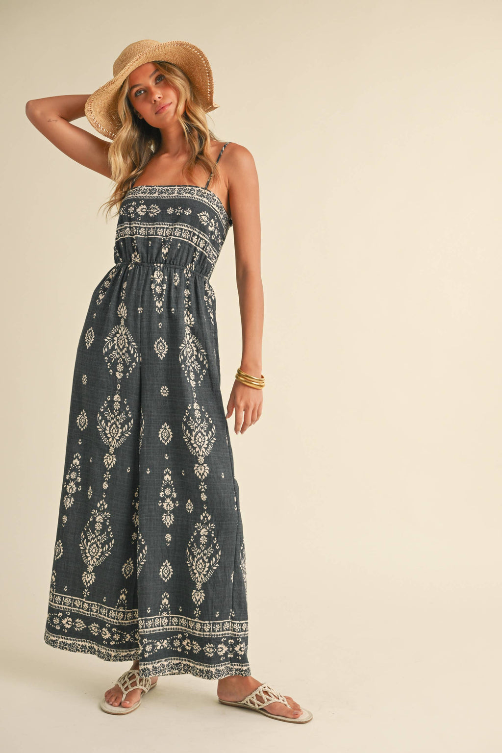 Smocked Printed Wide Leg Jumpsuit
