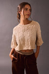Knitted acid wash detail sweater top in a soft beige with a cropped fit and textured leaf patterns, perfect for Long Island boutique fashion.