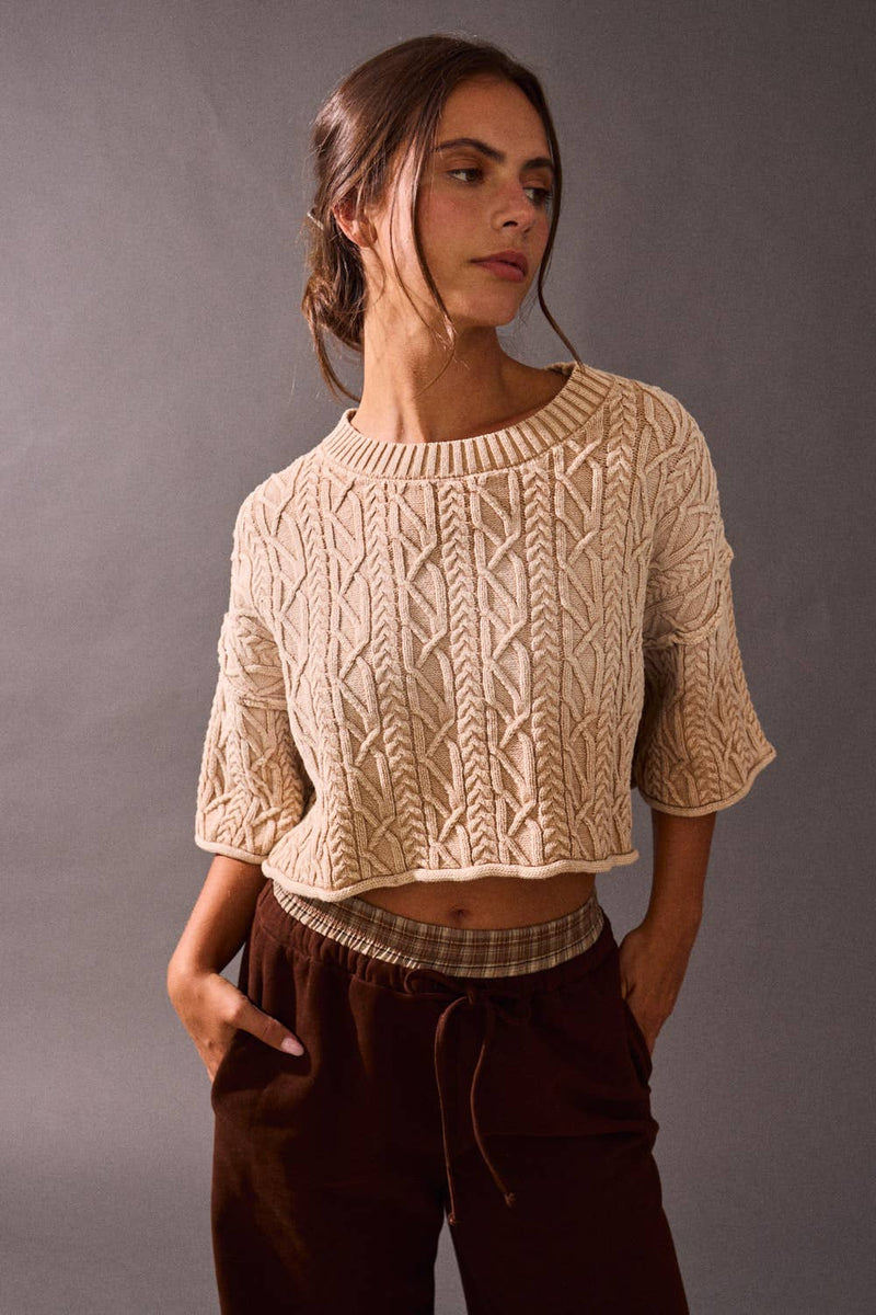 Knitted acid wash detail sweater top in a soft beige with a cropped fit and textured leaf patterns, perfect for Long Island boutique fashion.
