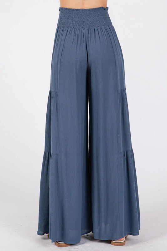 Woven Solid Wide Ruffle Hemming Pants - Med Indigo