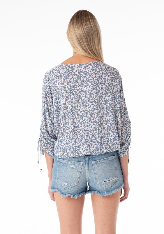 Floral Ruched 3/4 Sleeve Button Down Blouse