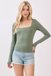 Chic double-layer long sleeve top in soft olive green with a flattering square neckline, perfect for Long Island boutique fashion.