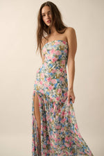 Floral Mesh Strapless Drop-Waist Maxi Dress