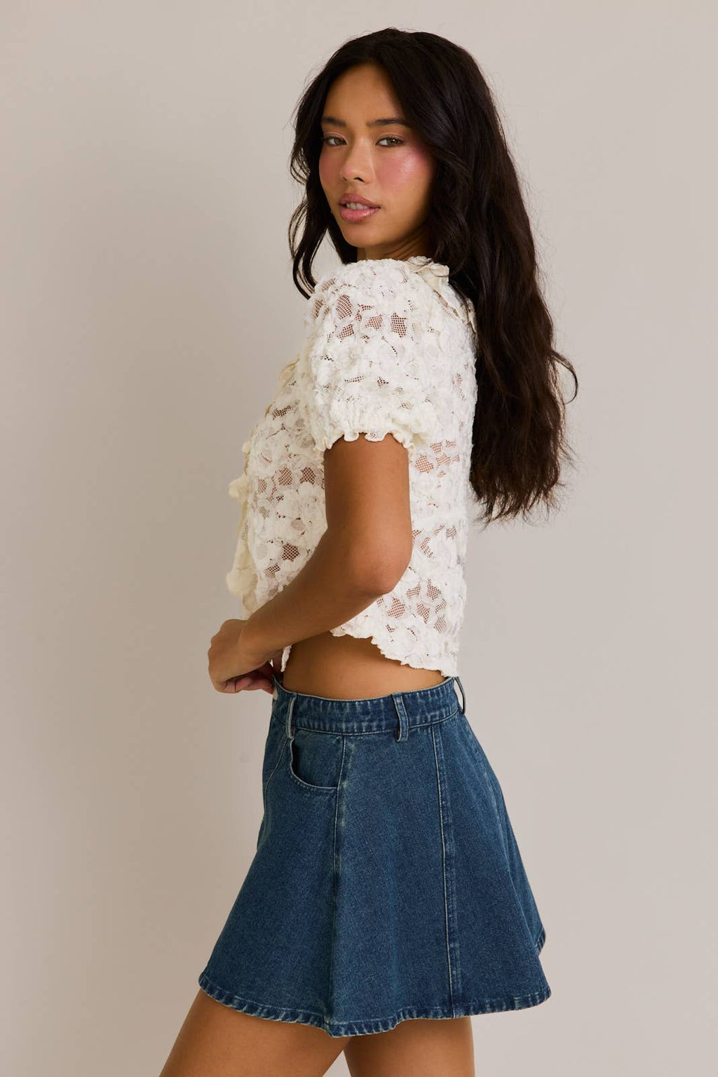 Puff Short Sleeve V-Neck Ruffle Top