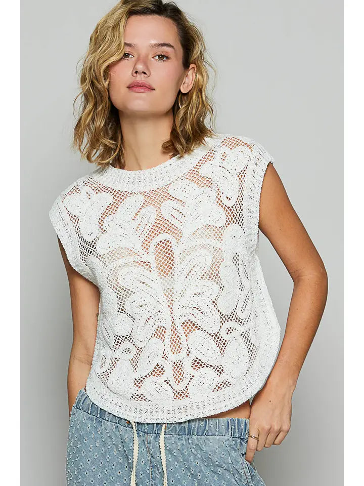 Round Neck Sleeveless Solid Crochet Top