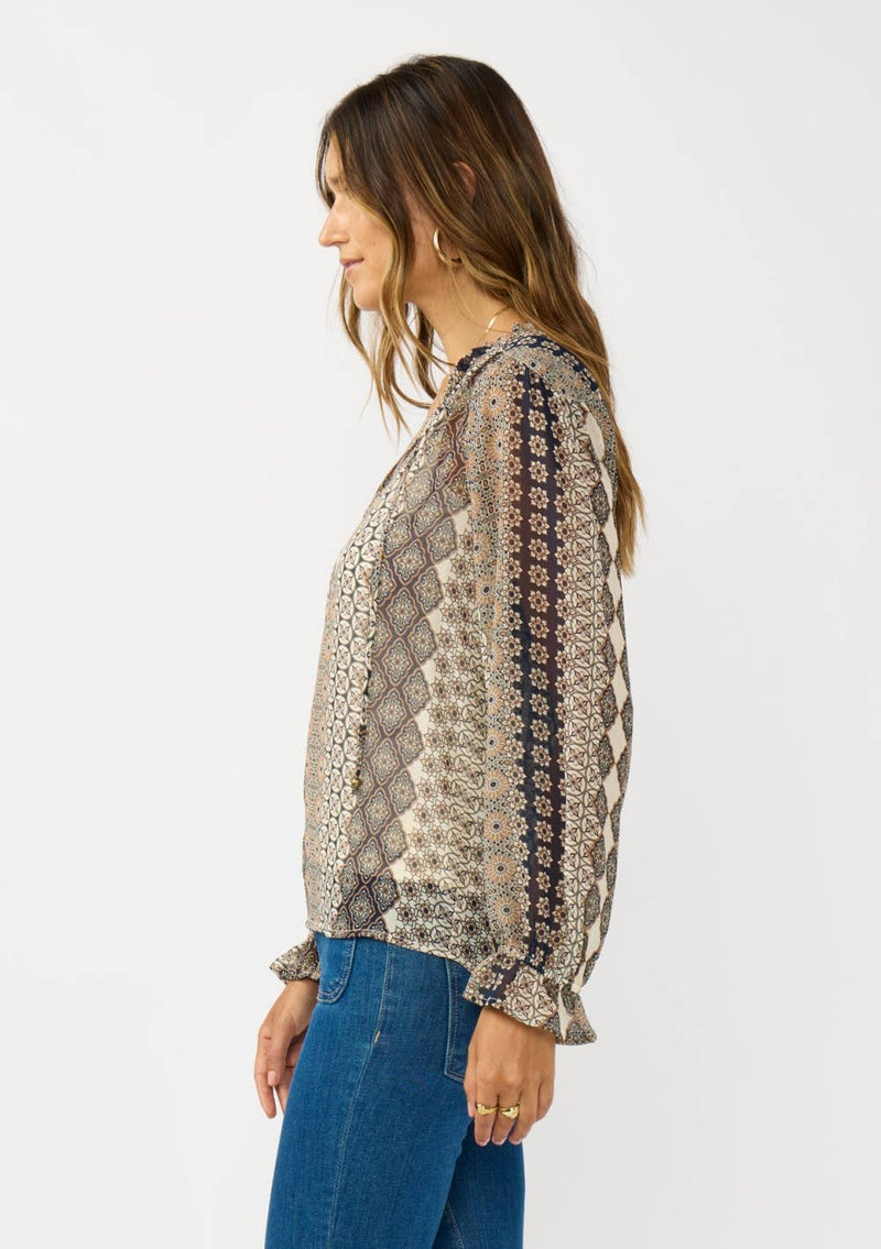 Ruffle Cuff Split Neck Blouse with Tie