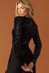 Black sequin bodysuit featuring a diamond pattern, long sleeves, and a stylish back cutout, ideal for Long Island boutique fashion.