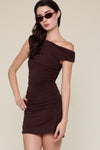 Asymmetric shoulder line ruched mini dress in rich brown, featuring a fitted silhouette and stylish texture, perfect for Long Island boutique fashion.