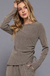 Long Sleeve Round Neck Side Ruched Two Tone Texture Knit Top