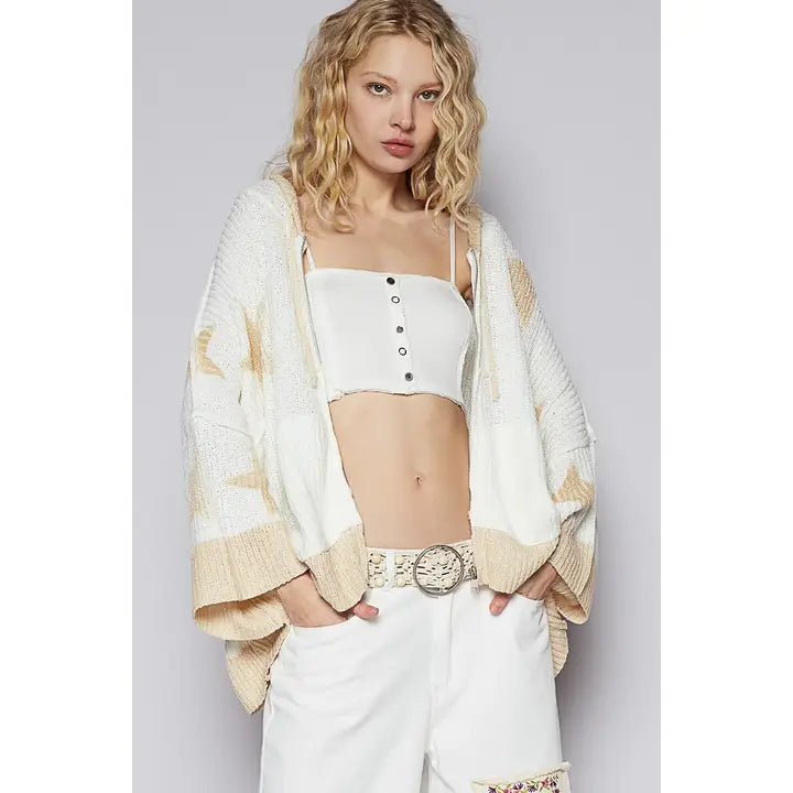 Star Print Front Zipper Solid Hoodie Sweater