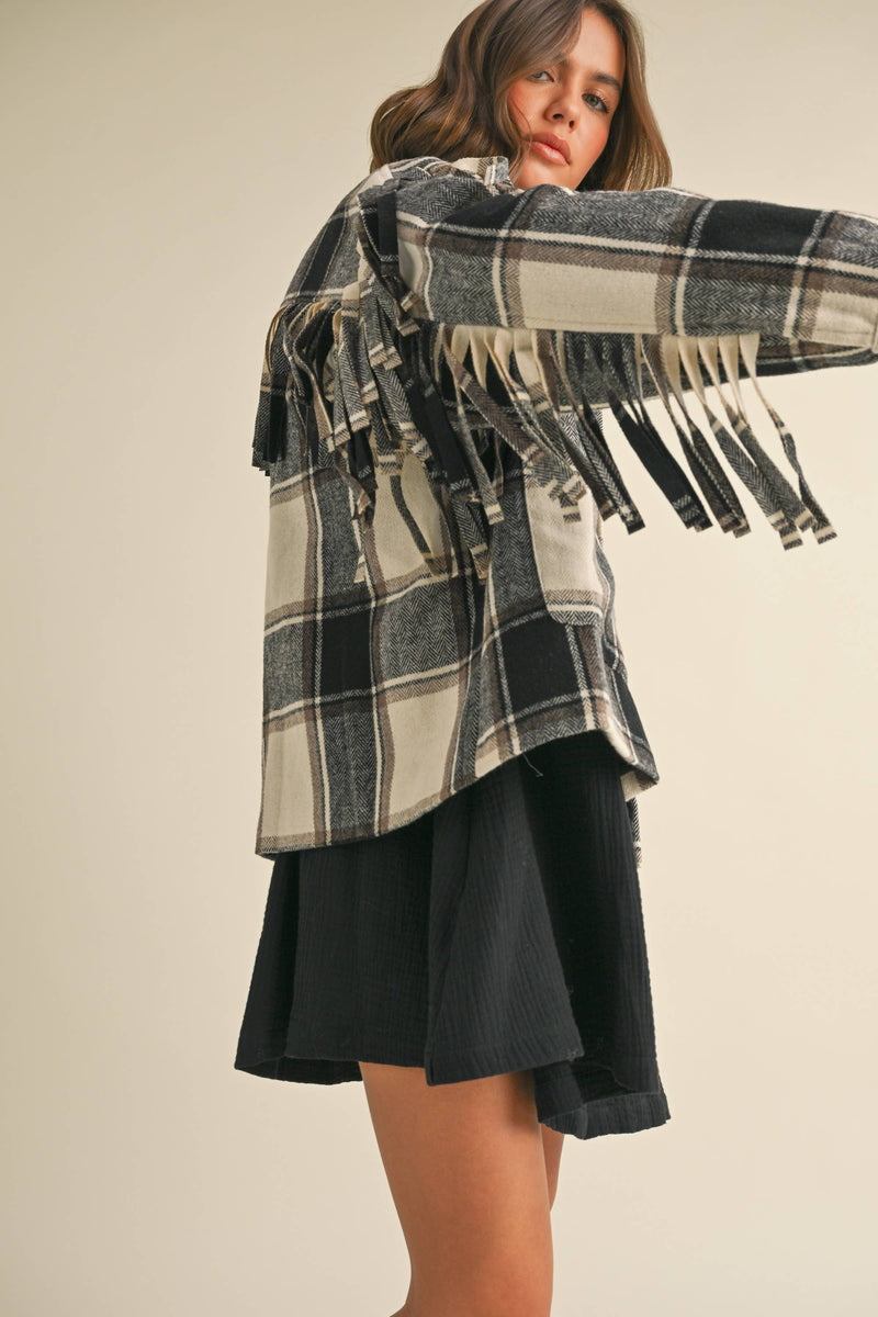 Wool Fringed Detail Plaid Jacket
